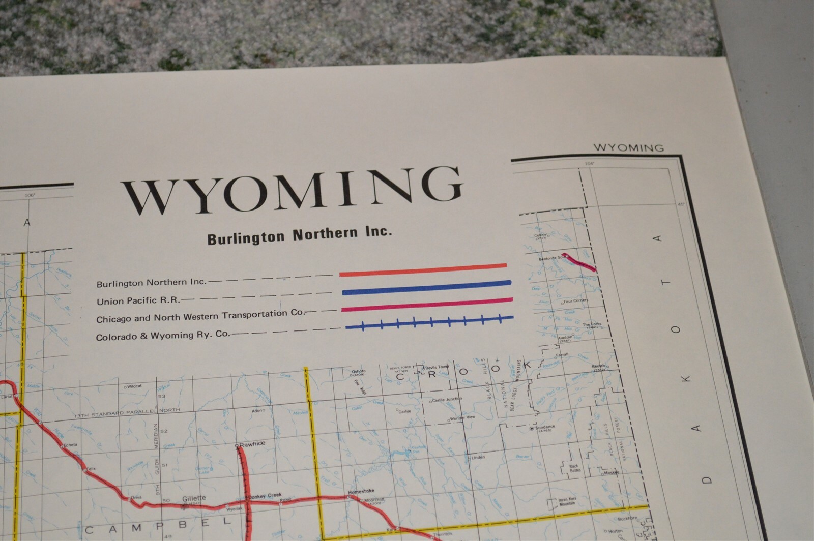 Large 1973 Burlington Northern Railroad Wyoming Map Poster NO FOLDS