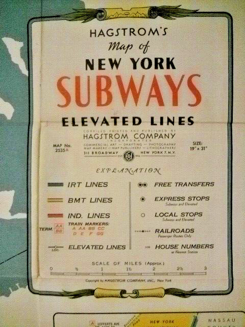 HAGSTROM’S MAP OF NEW YORK SUBWAYS ELEVATED LINES 1958 SOFT COVER FOLDED $.50
