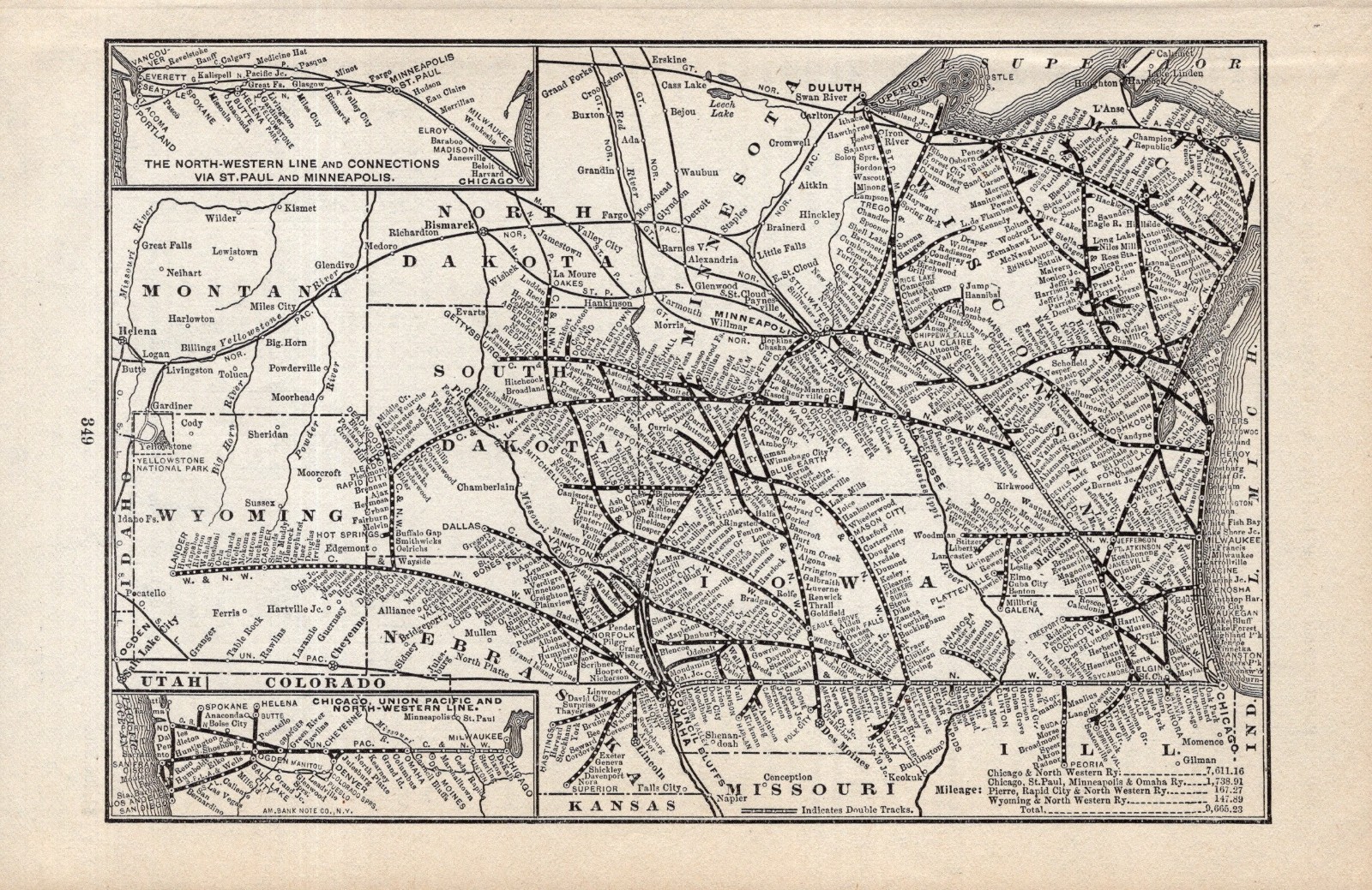 1909 Antique Chicago & Northwestern Union Pacific Railroad Map 2527