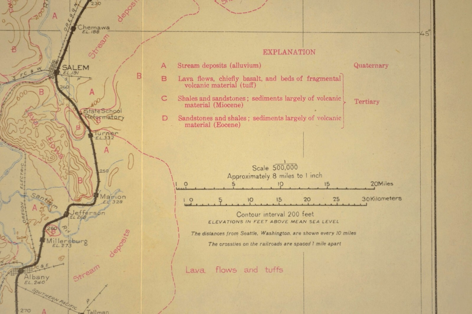 1915 Antique Southern Pacific Railroad Map Salem Oregon City Woodburn Geological