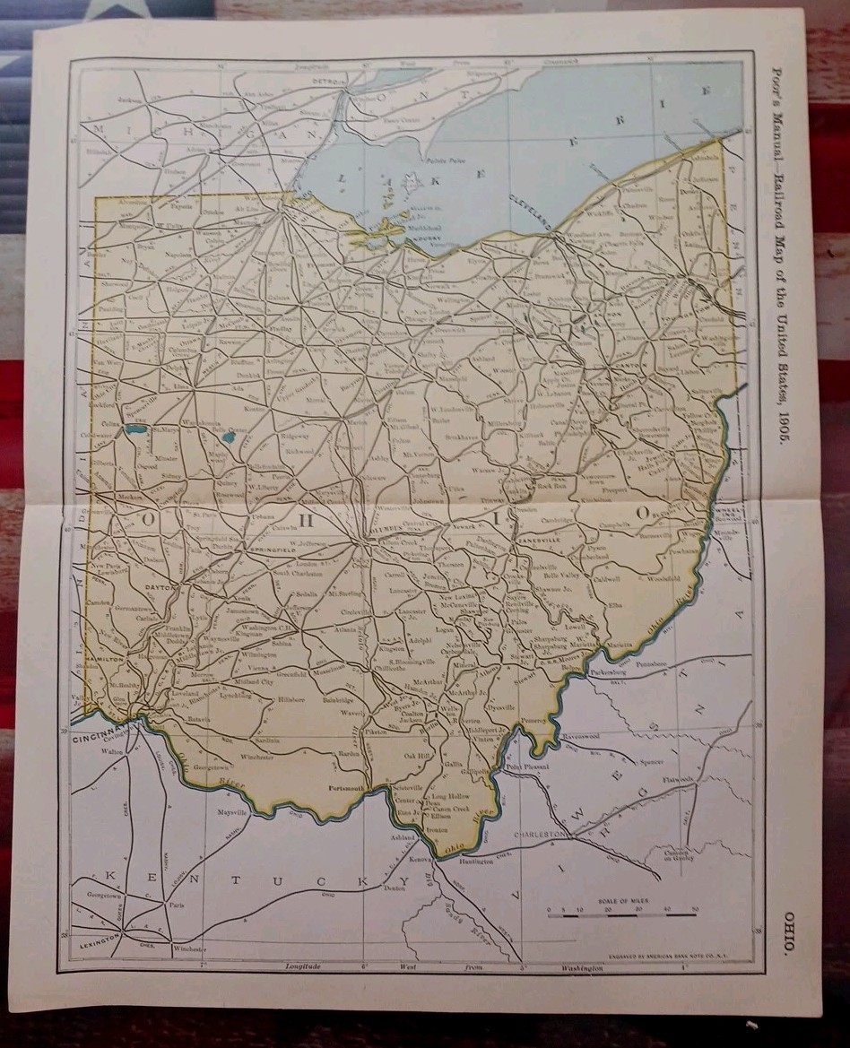 1905 ORIGINAL Dated Train Route Map OHIO all Railroad Lines 11×9″ FREE SHIPPING
