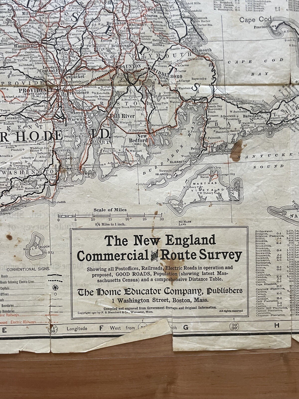 Antique 1907 New England Commercial & Route Survey Rail Road Electric Roads Map