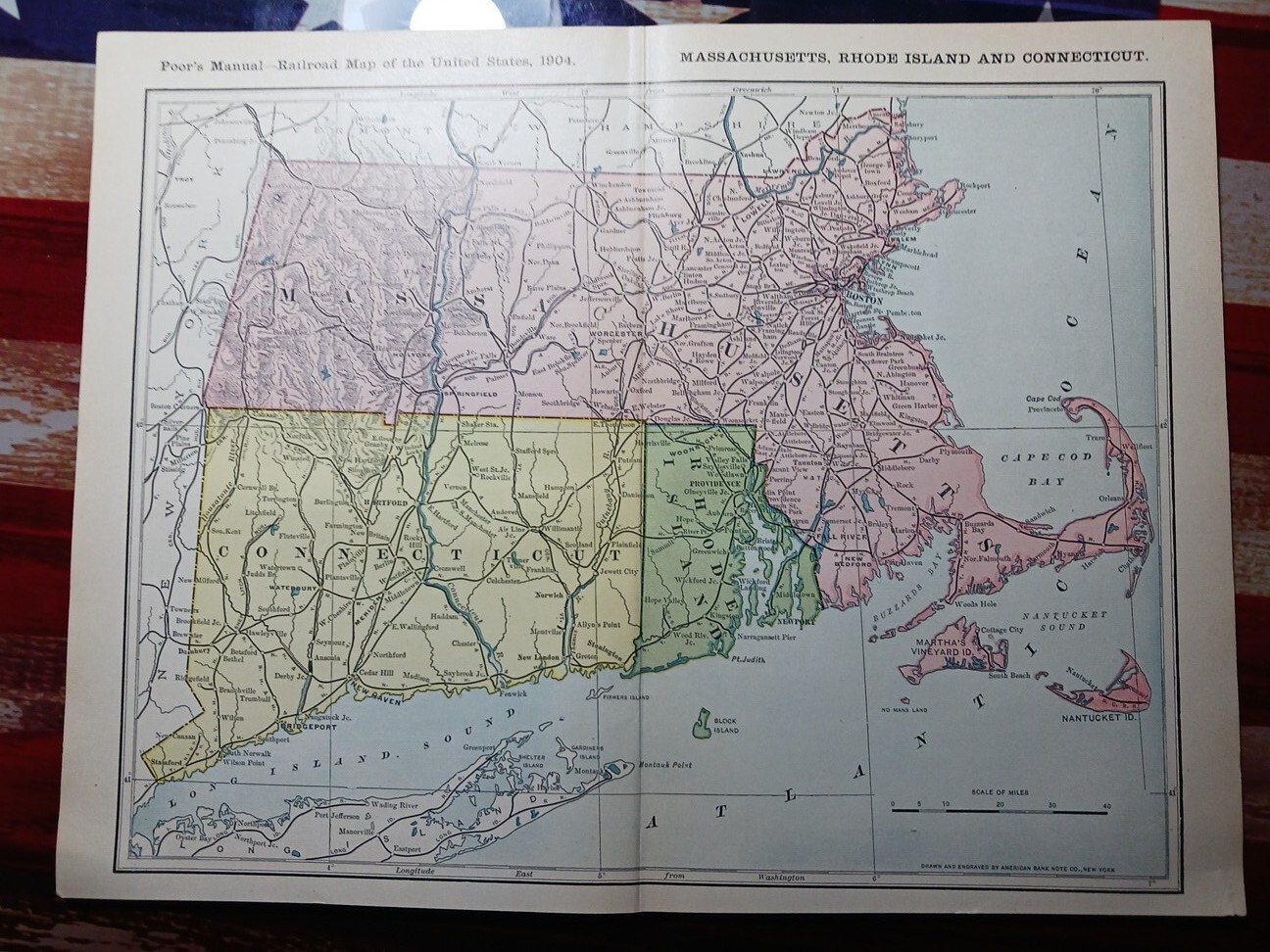 1904 Dated Railroad Map Massachusetts CT R.I. all Lines & Train Routes 11″x9″