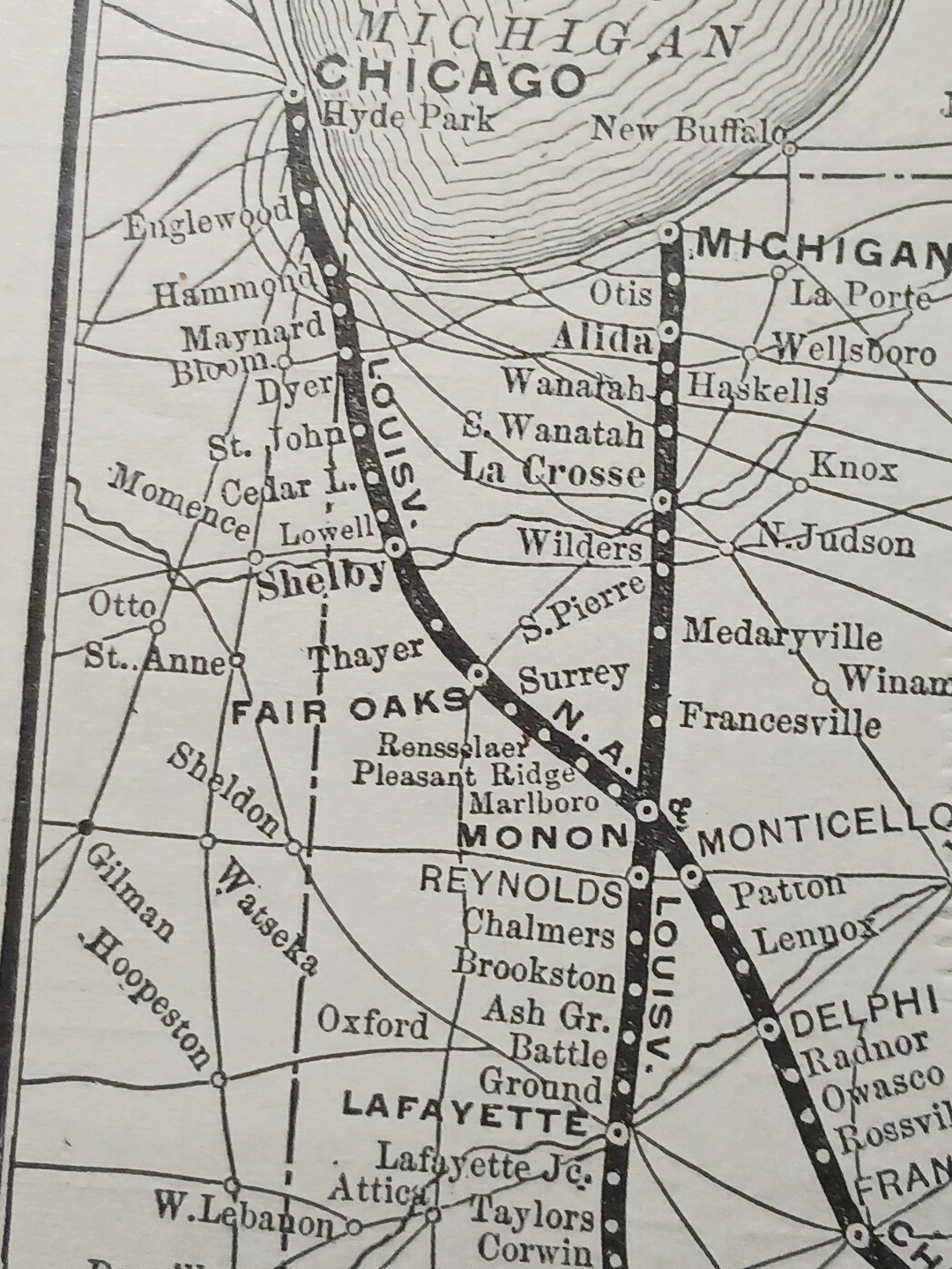 ~1896 Antique Train Route Map LOUISVILLE NEW ALBANY & CHICAGO RAILWAY Indiana RR
