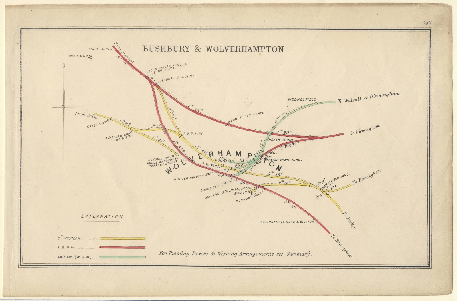 Detailed Vintage Grand Junction Railway Map of WOLVERHAMPTON c. 1904