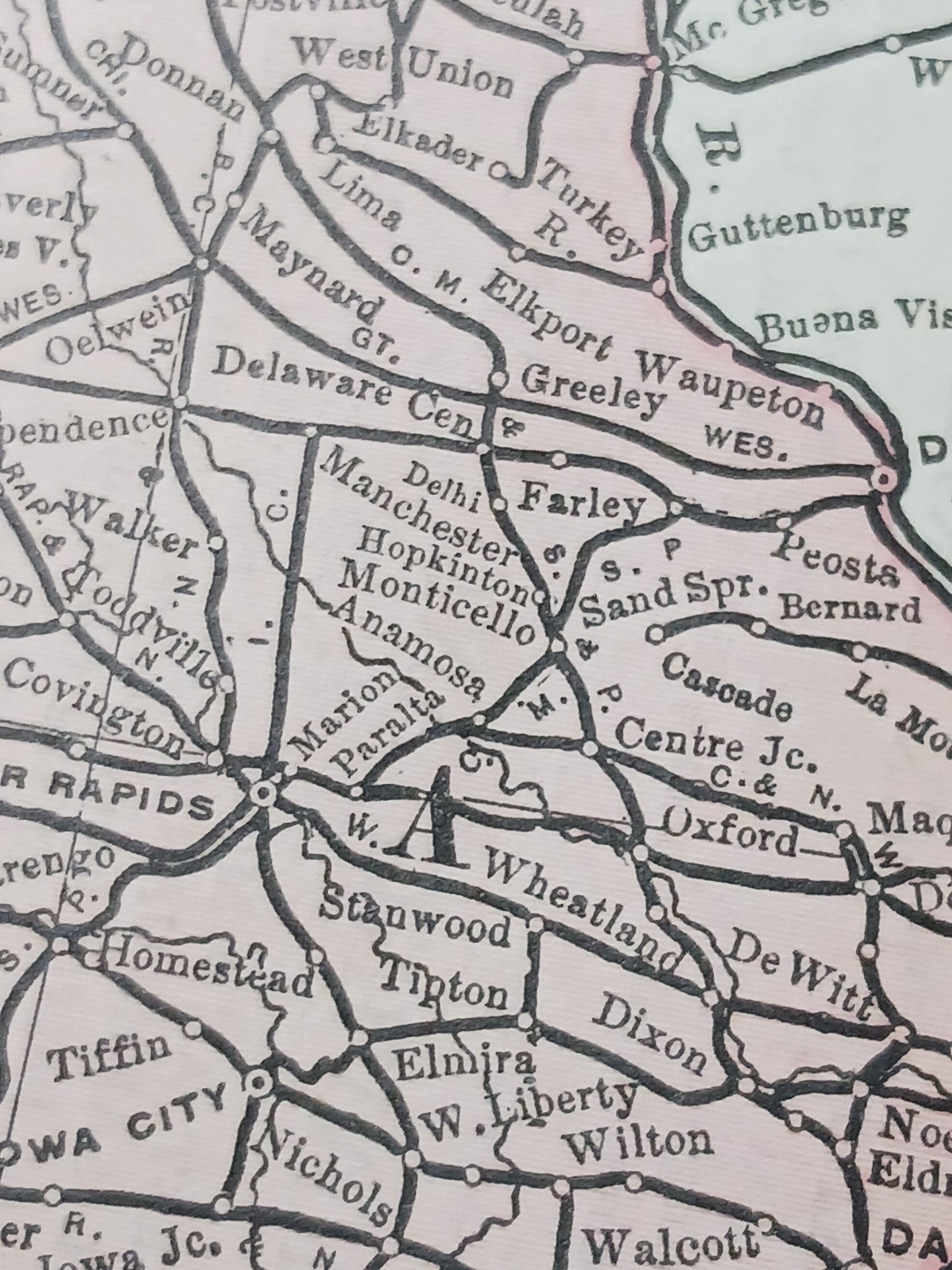 1897 Train Route Map MISSOURI & IOWA all Railroad Lines Station Marked 9″x 11″