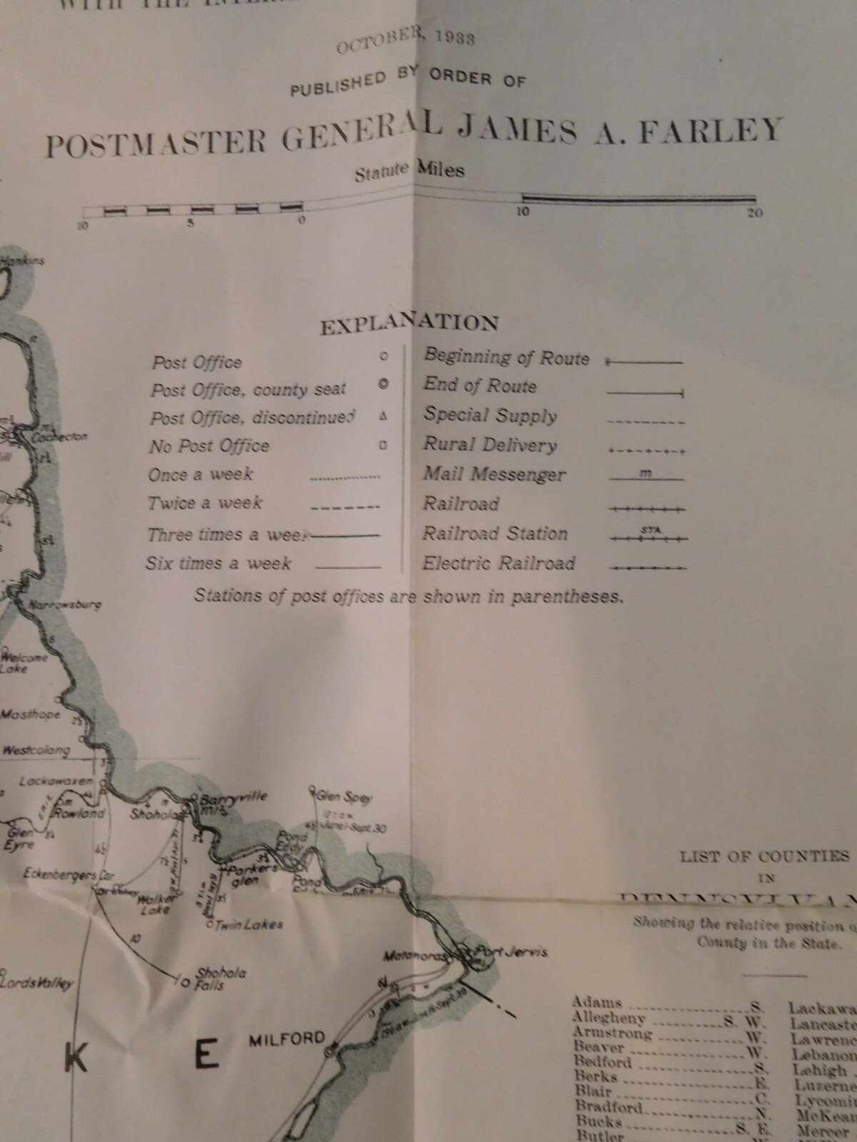 Map Pennsylvania Showing Post Offices 1933 w Railroads, Electic Rr, RR stations