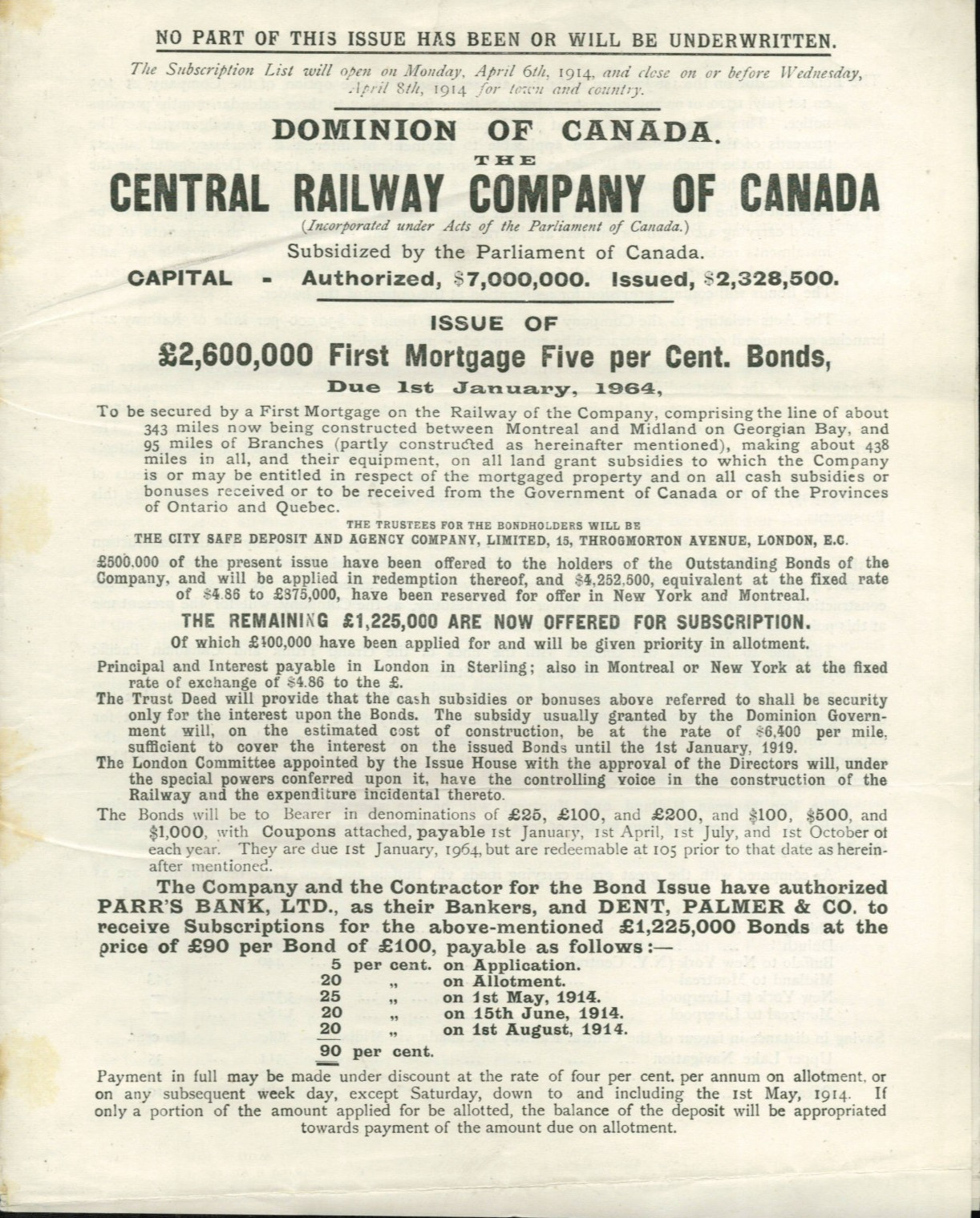 Central Railway Company of Canada – Prospectus & Colour Map – 1914 – RARE