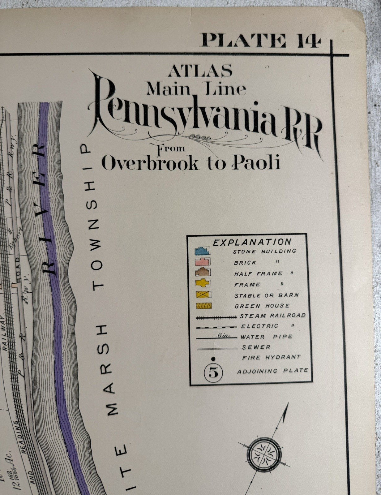 1908 Main Line Pennsylvania Railroad Map Overbrook to Paoli Gladwyne NICE