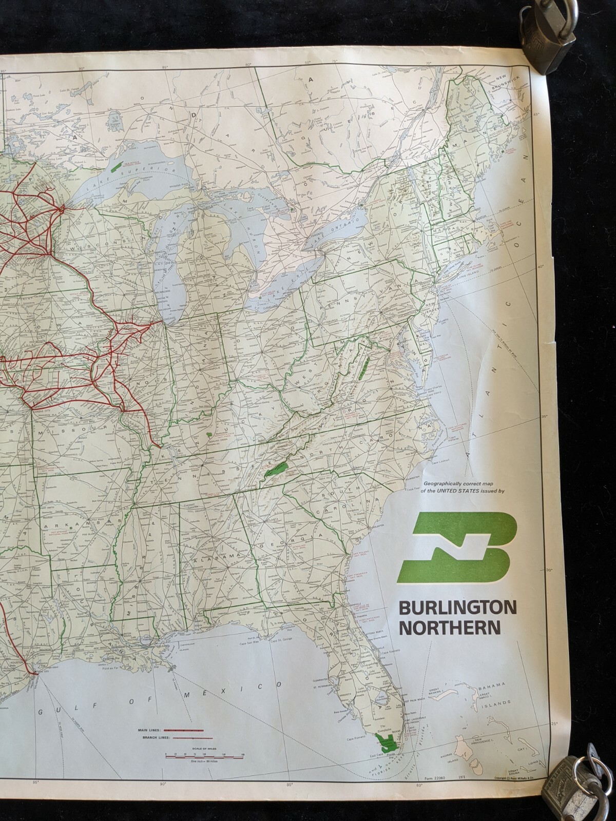 1971 Burlington Northern RR United States Route Map 32.5 x 21 Wall map