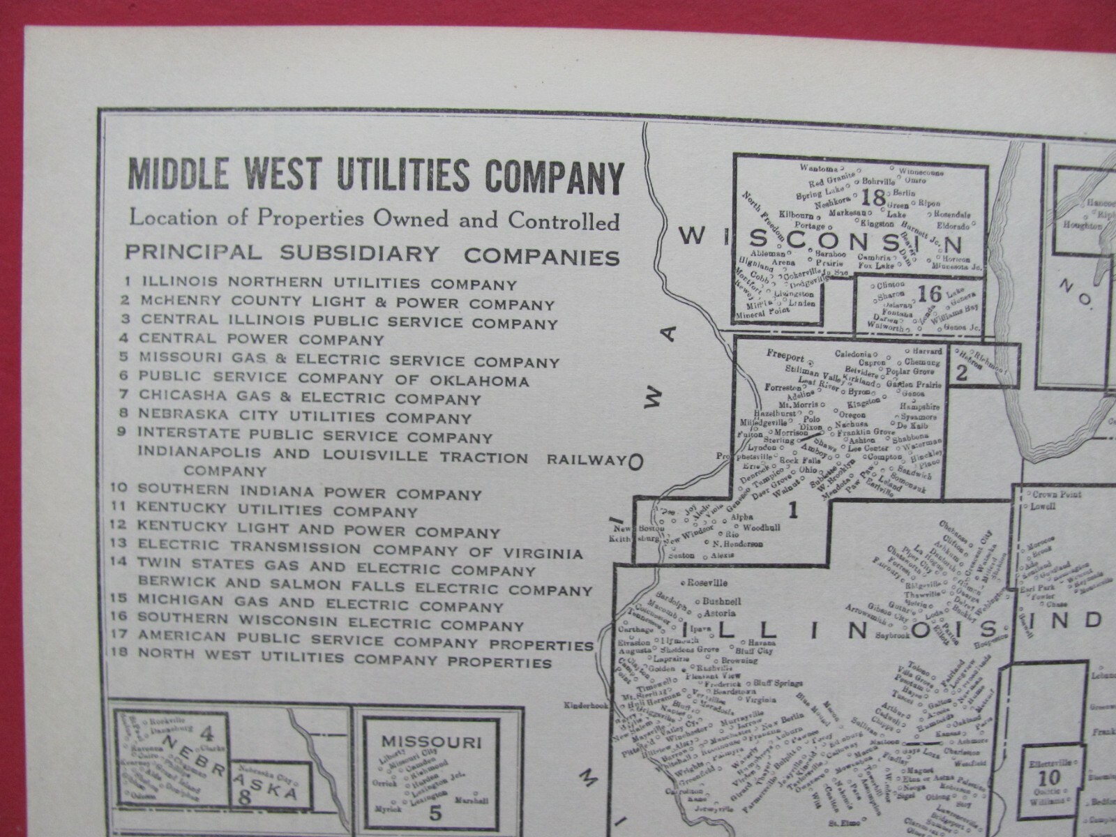 MIDDLE WEST UTILITIES COMPANY ORIGINAL 1921 SYSTEM MAP OHIO TX OK IL IN WI MI KY