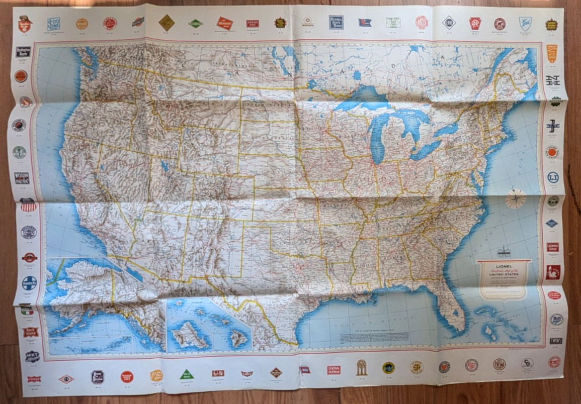 Vintage 1958-’66 No.950 Lionel Railroad Map-United States, Rand McNally, 37 x 52