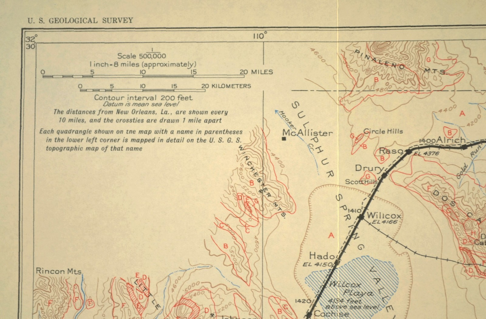 Southern Pacific Railroad Map Douglas Arizona Tombstone Willcox Dragoon Mtns