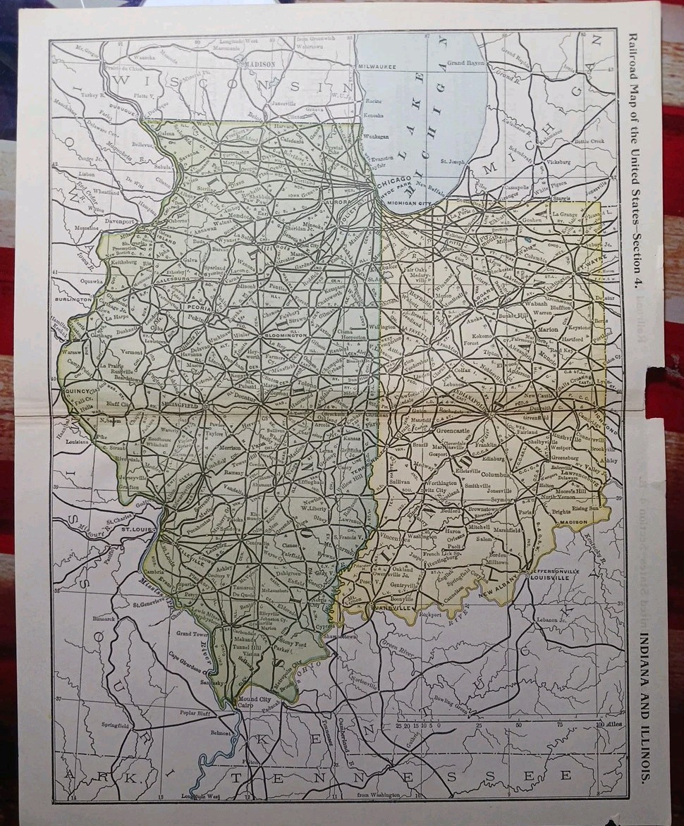 ~ 1897 Train Route Map ILLINOIS & INDIANA ☆ all Railroad Lines & Stations 9×11″
