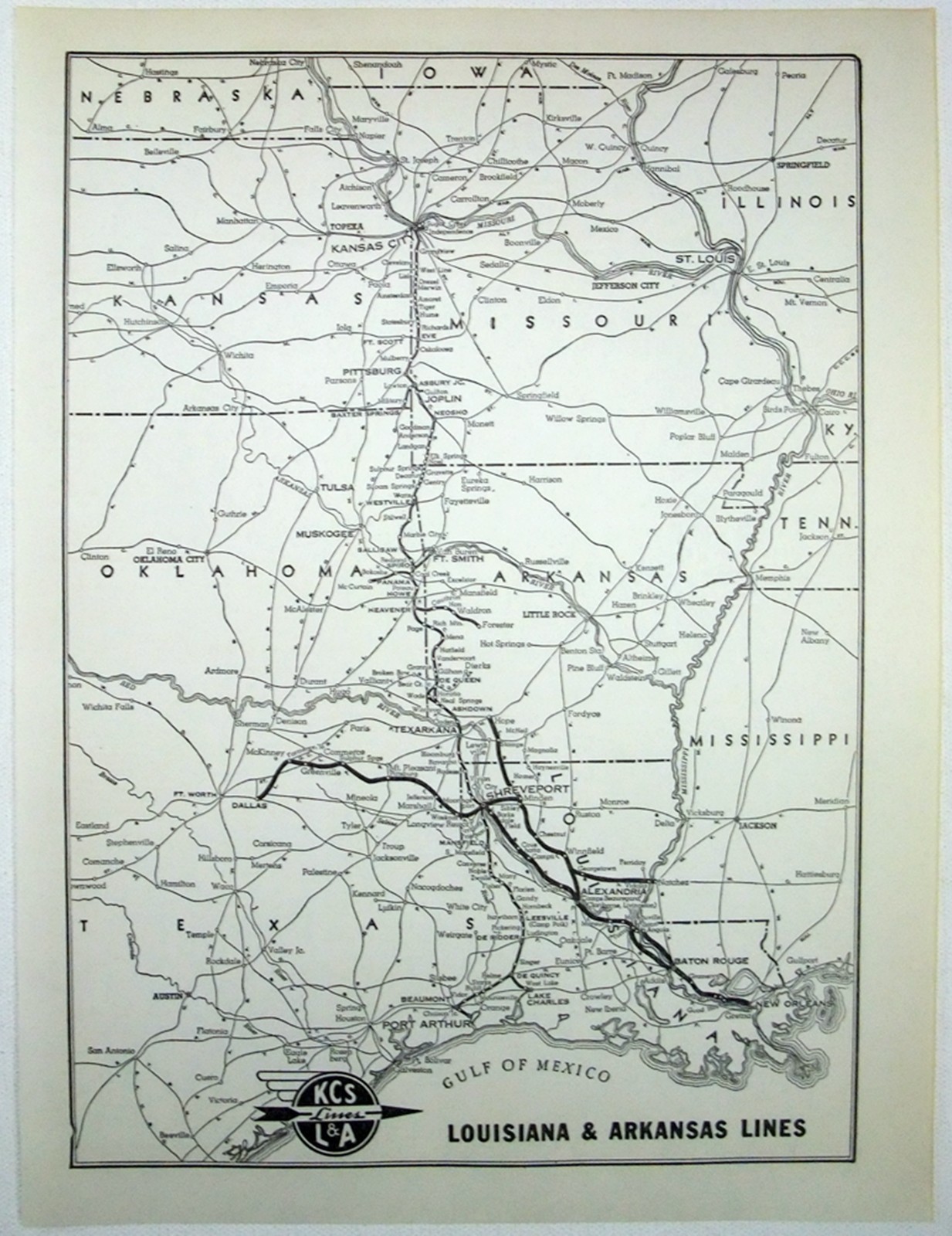 Louisiana & Arkansas Lines – Original 1941 Railroad System Map. Vintage L&A