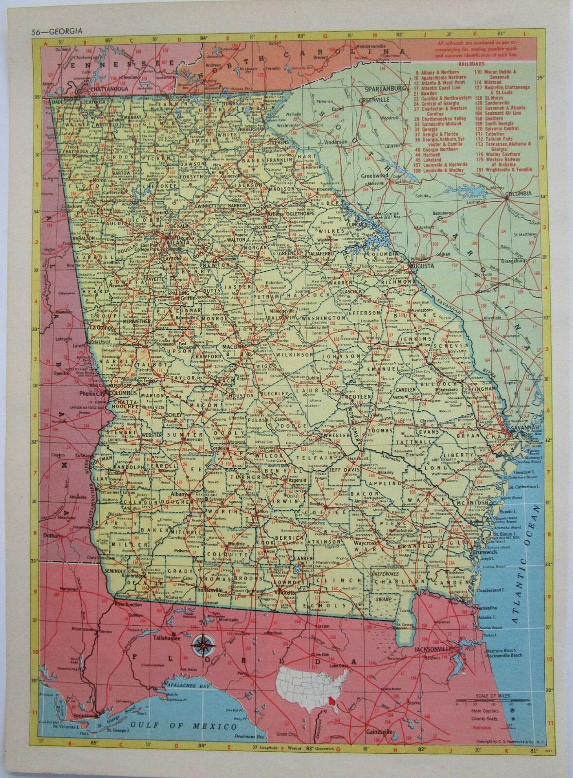 GA FL 1952 GEORGIA RAILROAD Map MILSTEAD RR; BOWDEN RR ~or~ FLORIDA.