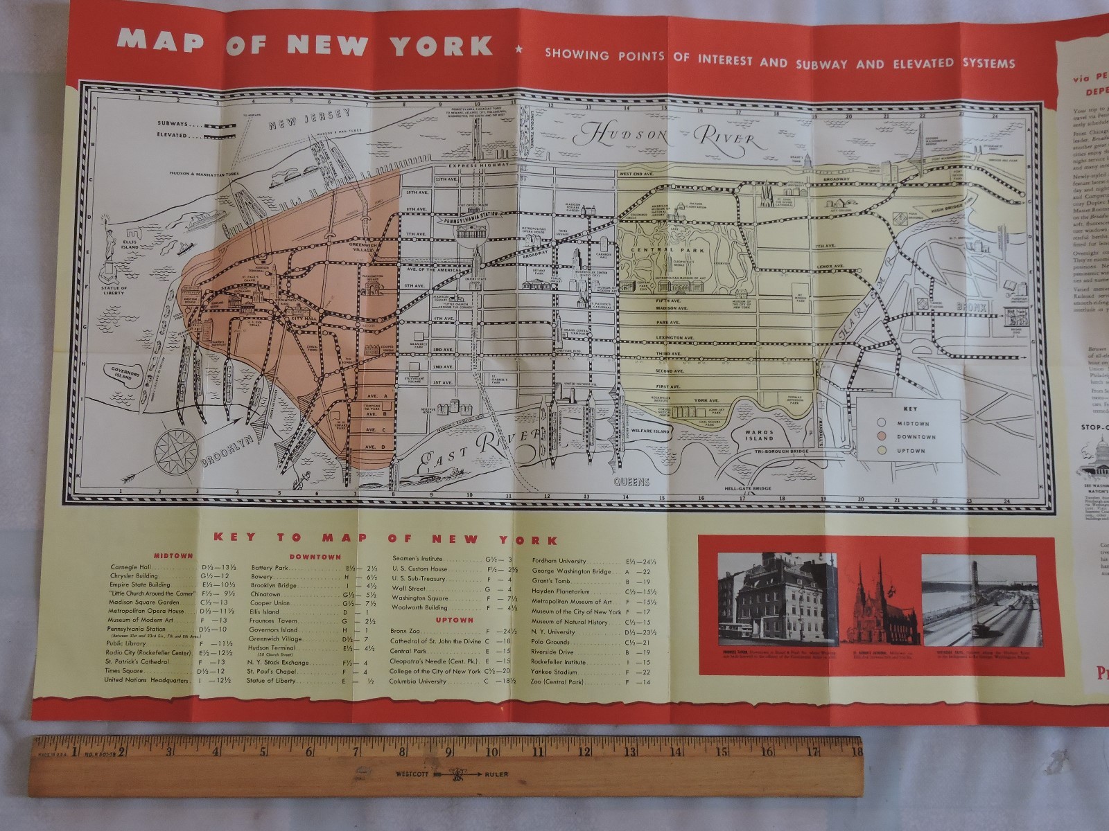 Rare 1952 New York City NYC Pennsylvania Railroad Map Brochure Subway 16×27