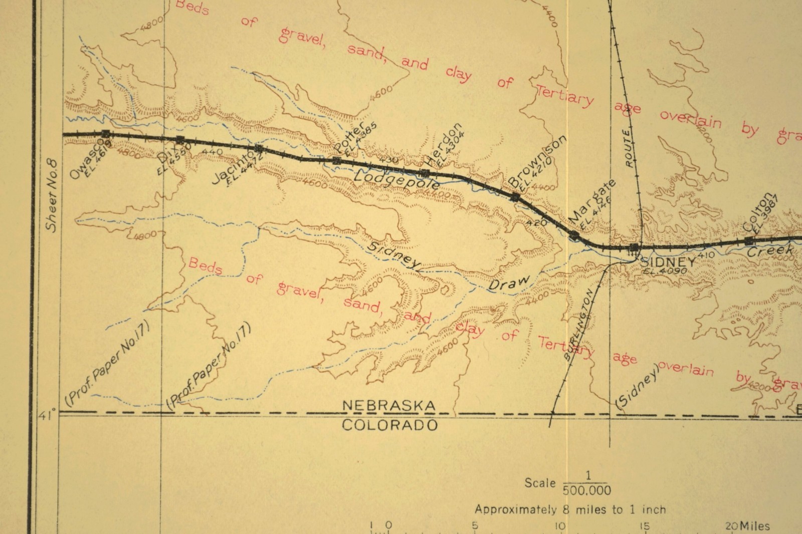 1915 Antique Union Pacific Railroad Map Sidney Nebraska Chappell NE Geological