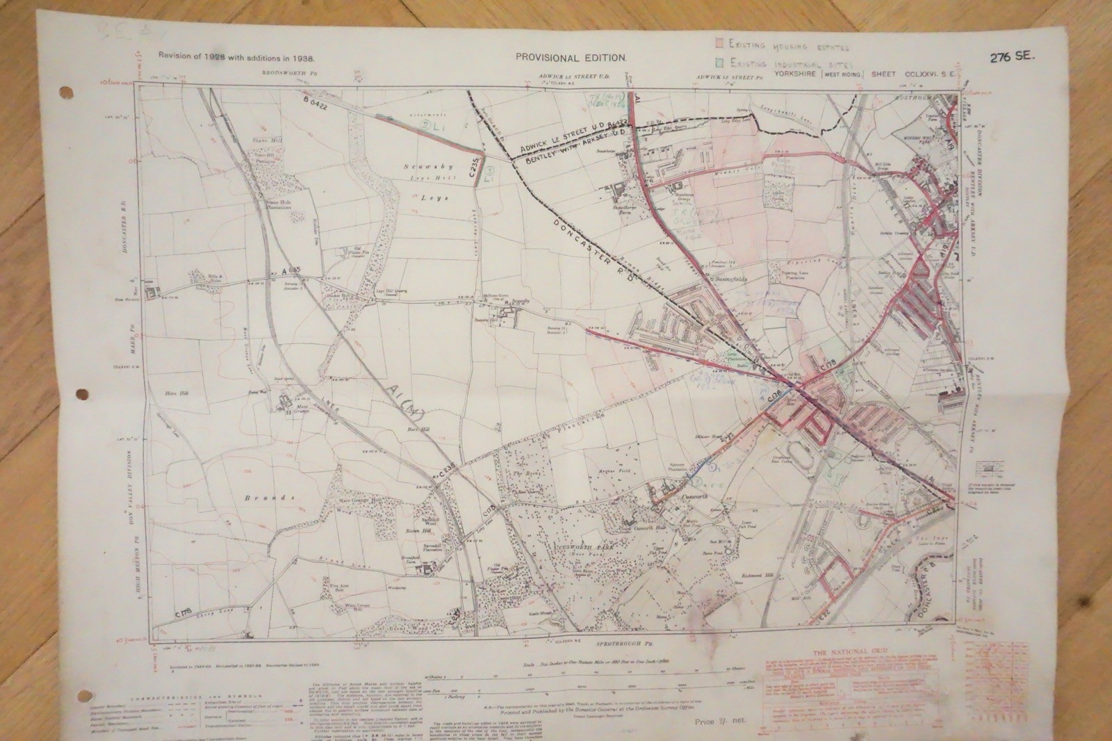 1938 Scawsby Cusworth Yorkshire LNER Railway OS Linen Map Ref 43 *
