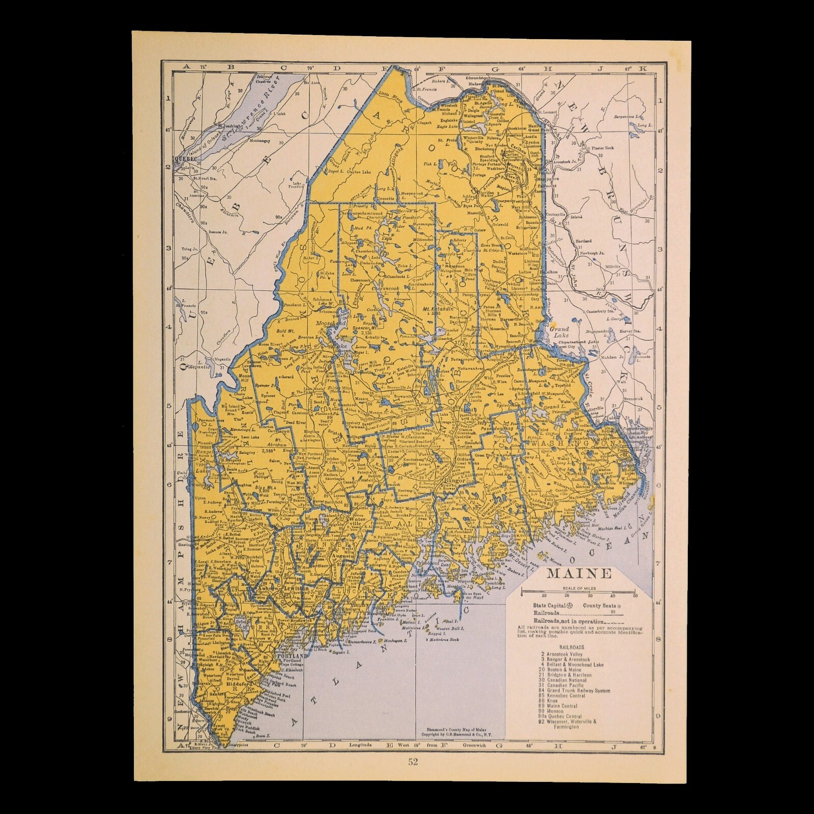 ca1939 MAINE Railroad Map Train Depot Towns MEC RR Original Historic Atlas Map