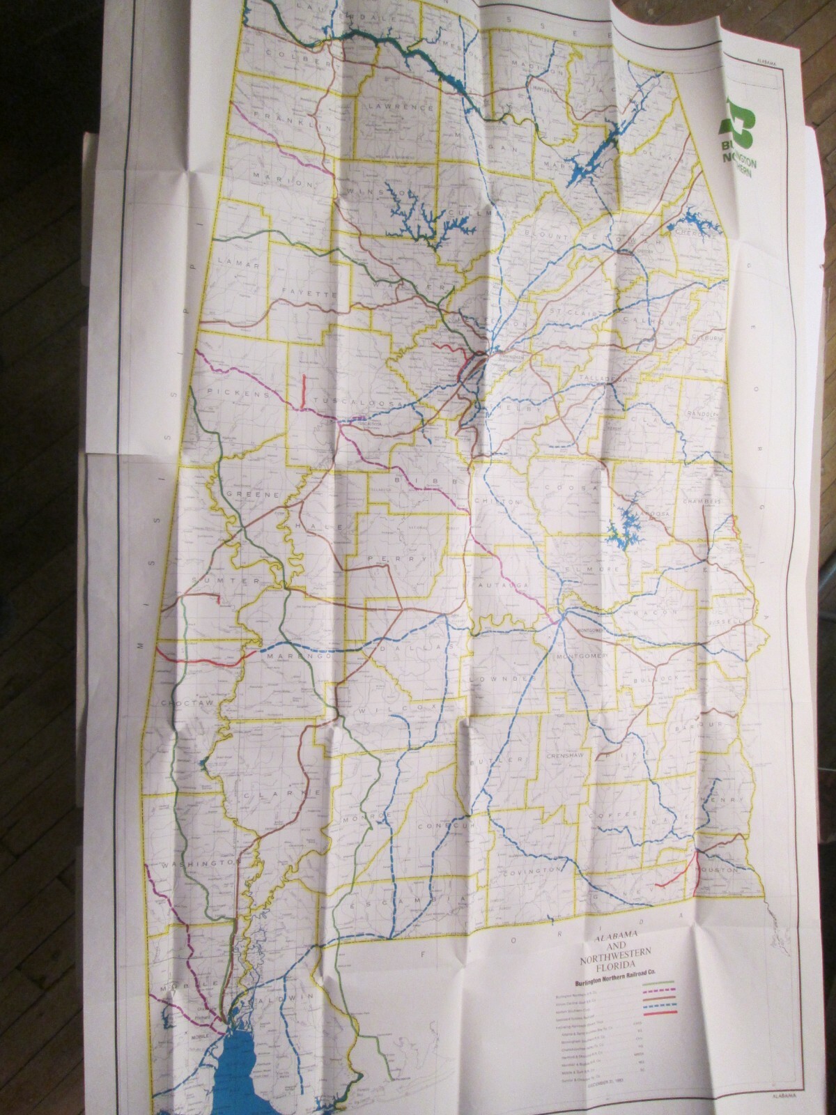 Large Burlington Northern State Railroad Map of Alabama 1983