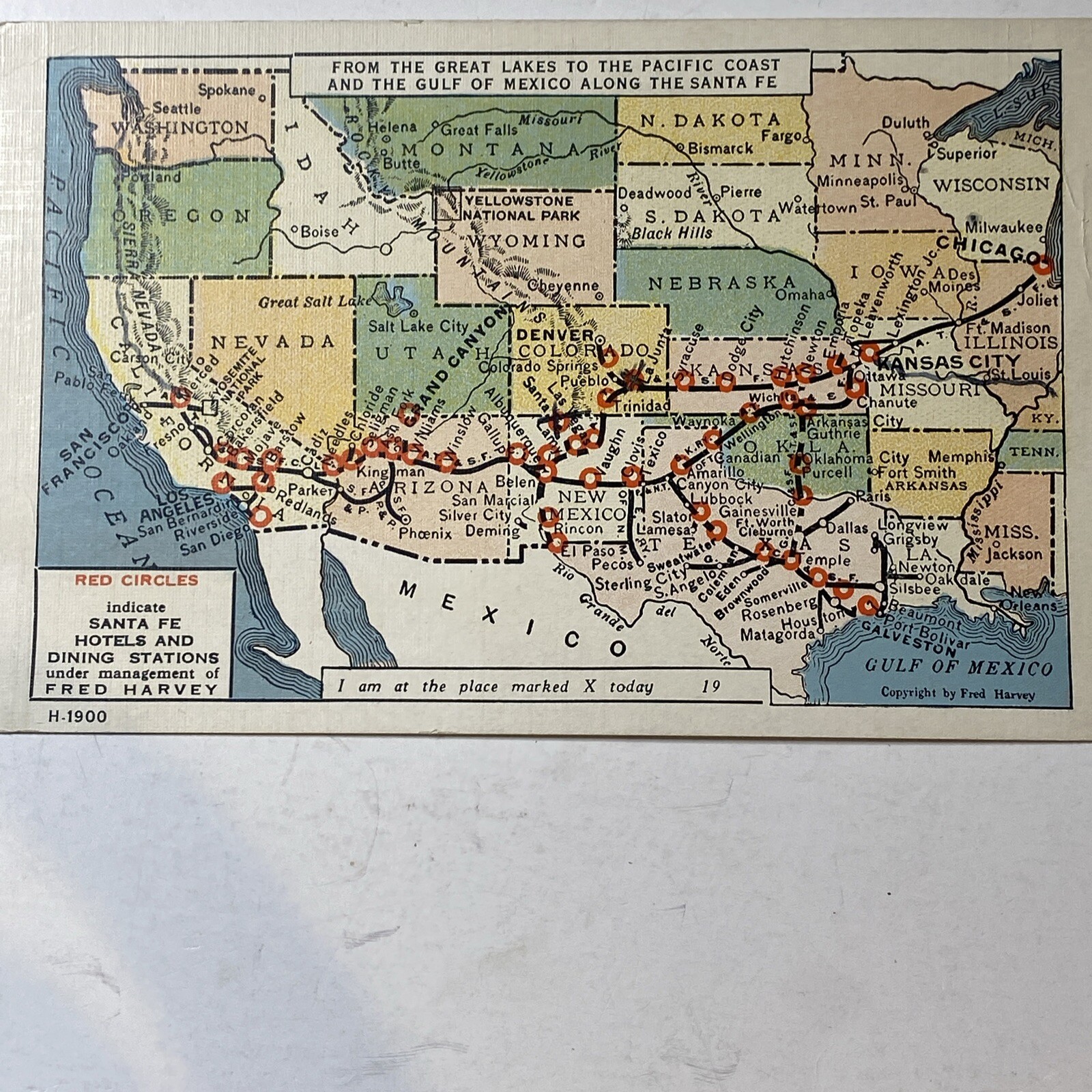 Santa Fe Railroad Map Post Card Great Lakes To Pacific 1936 Stamped