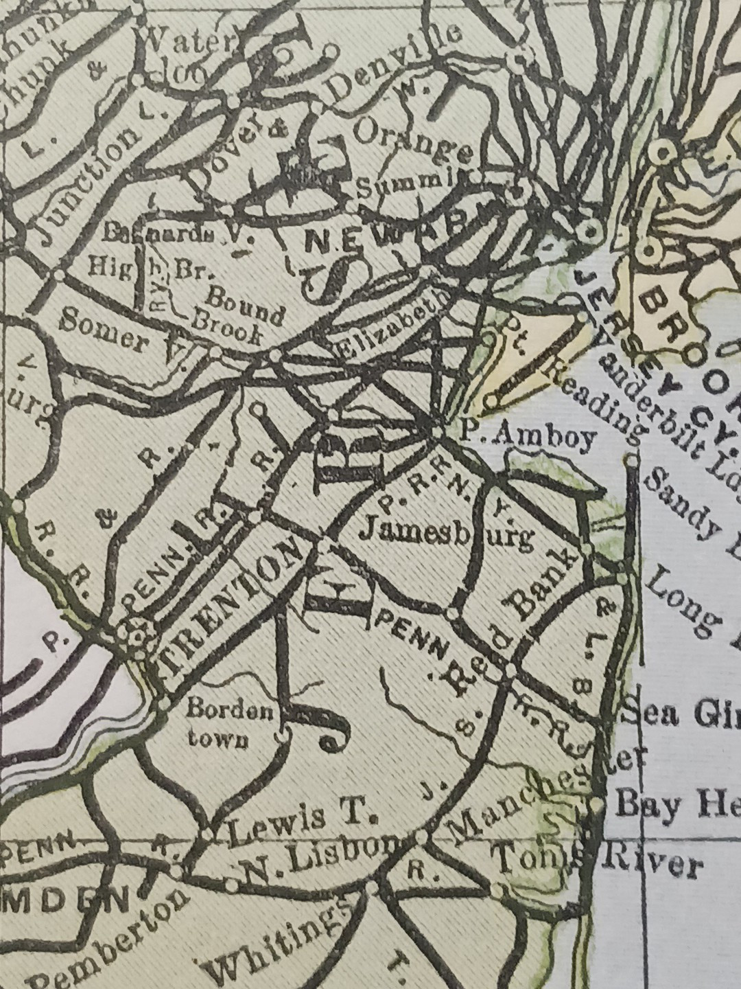 ~ 1897 Train Route Map NEW YORK NEW JERSEY ☆ all Railroad Lines & Stations 9×11″