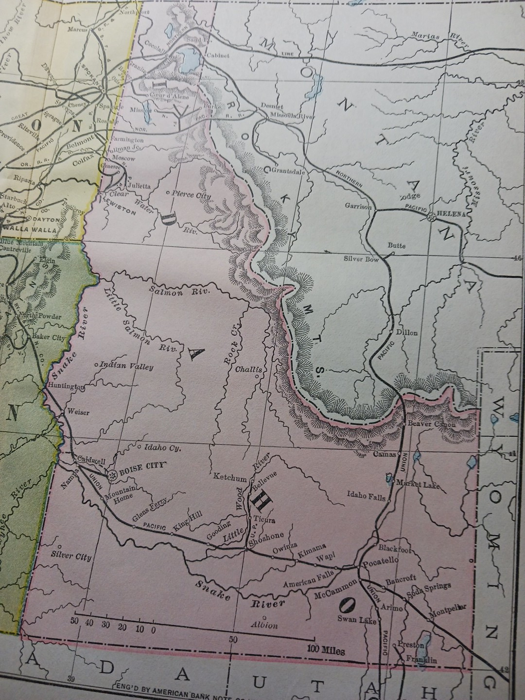 ~ 1897 Train Route Map IDAHO Washington OREGON all Railroad Lines Stations 9×11″