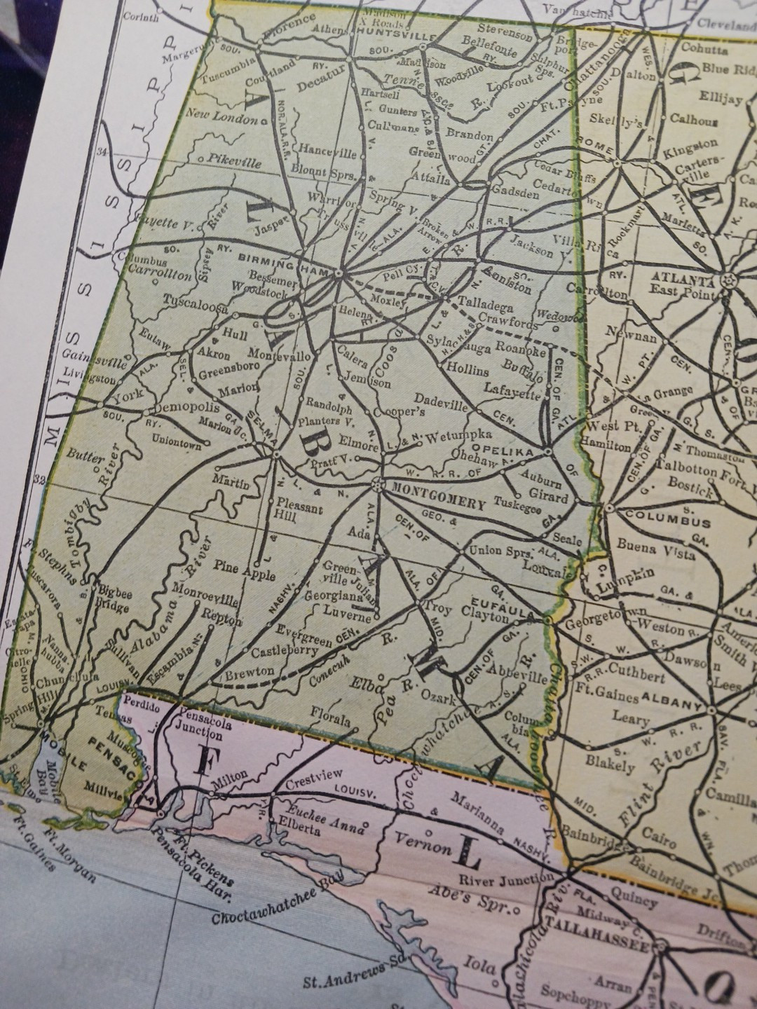 ~ 1897 Train Route Map Alabama FLORIDA Georgia ☆ all Railroad Lines Marked 9×11