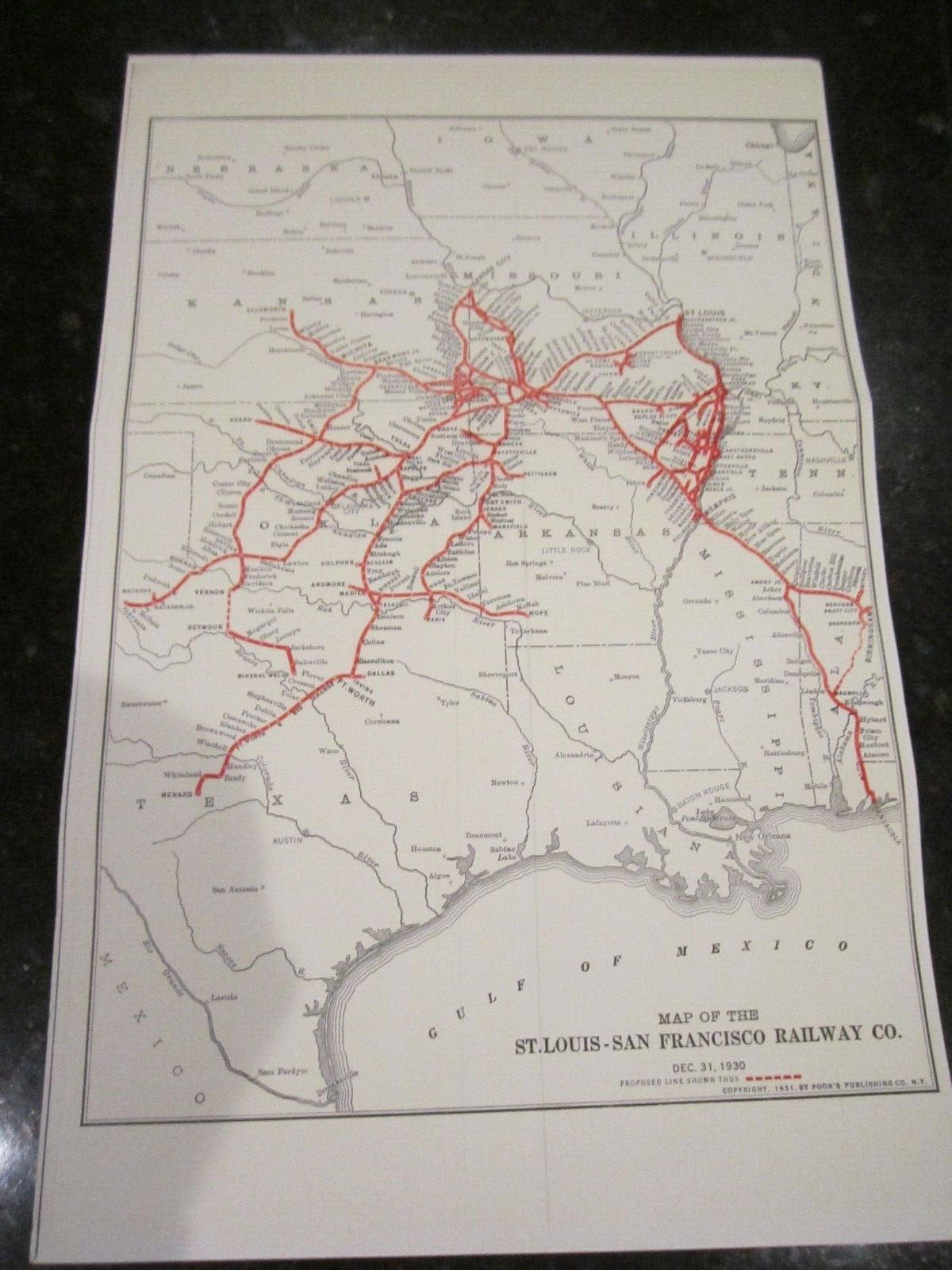 1931 MAP OF THE ST. LOUIS SAN FRANCISCO RAILWAY SYSTEM – 17″ X 11″ – HEAVY PAPER