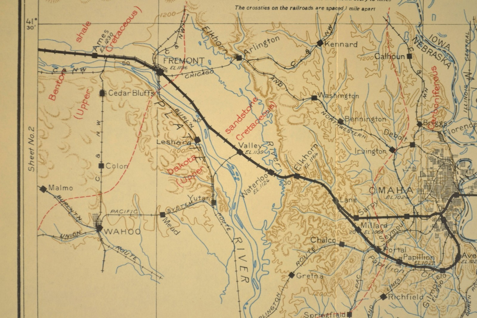 1915 Antique Union Pacific Railroad Map Omaha NE Council Bluffs Iowa Bellevue