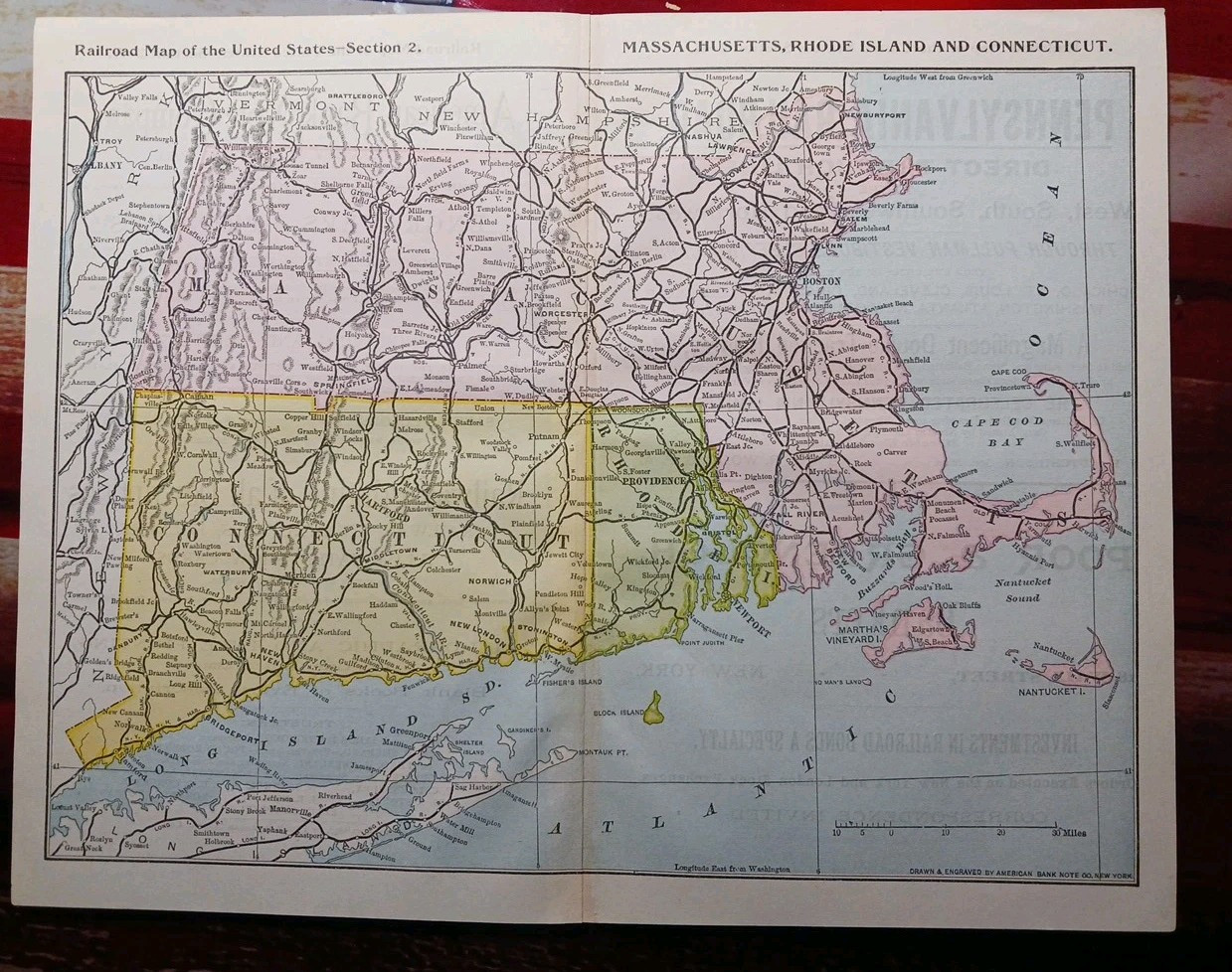 ~ 1897 Train Route Map MASSACHUSETTS Connecticut☆ all Railroad Lines Marked 9×11