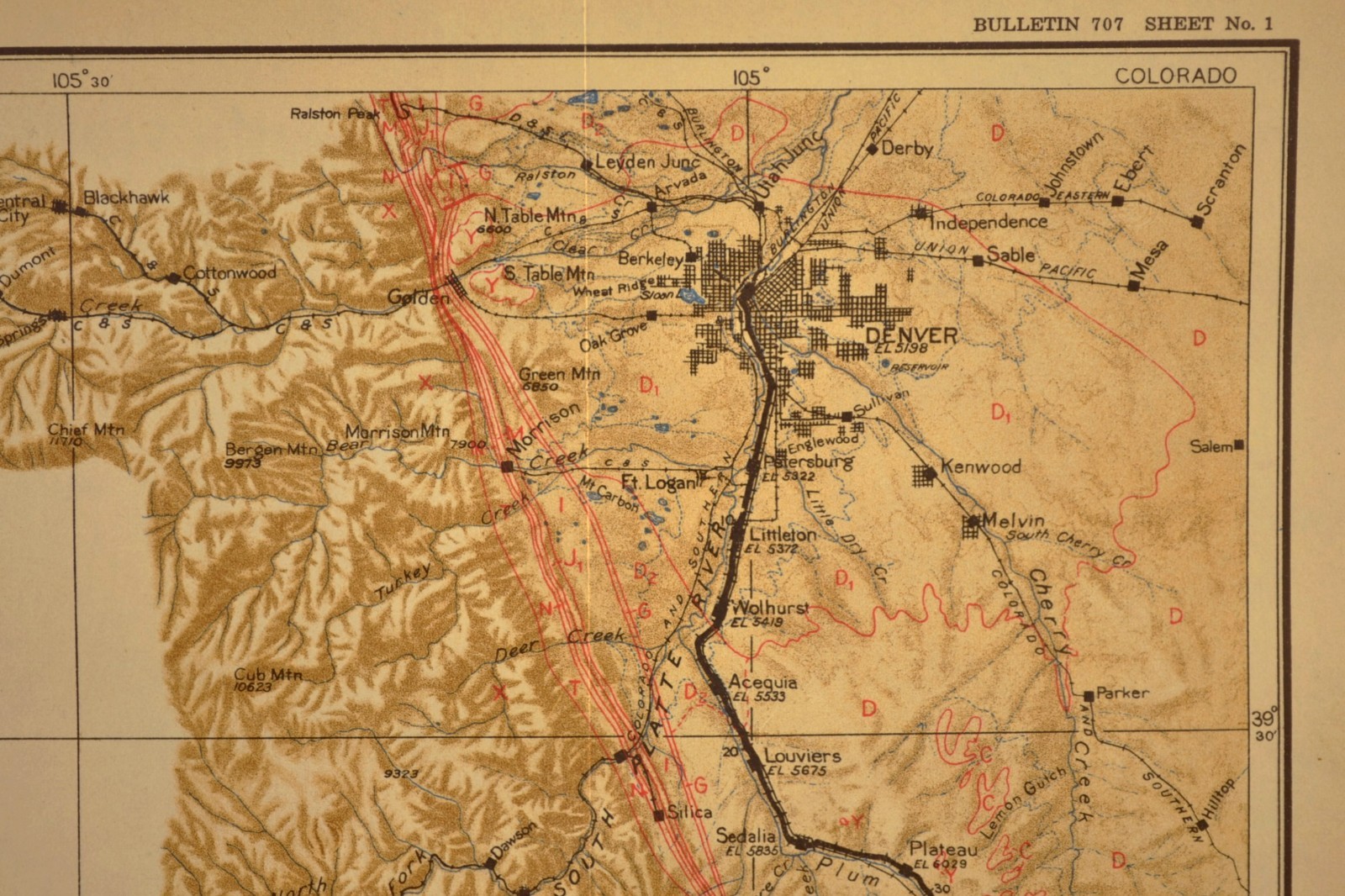 1922 Antique Denver Rio Grande Railroad Map Castle Rock Colorado Parker Husted