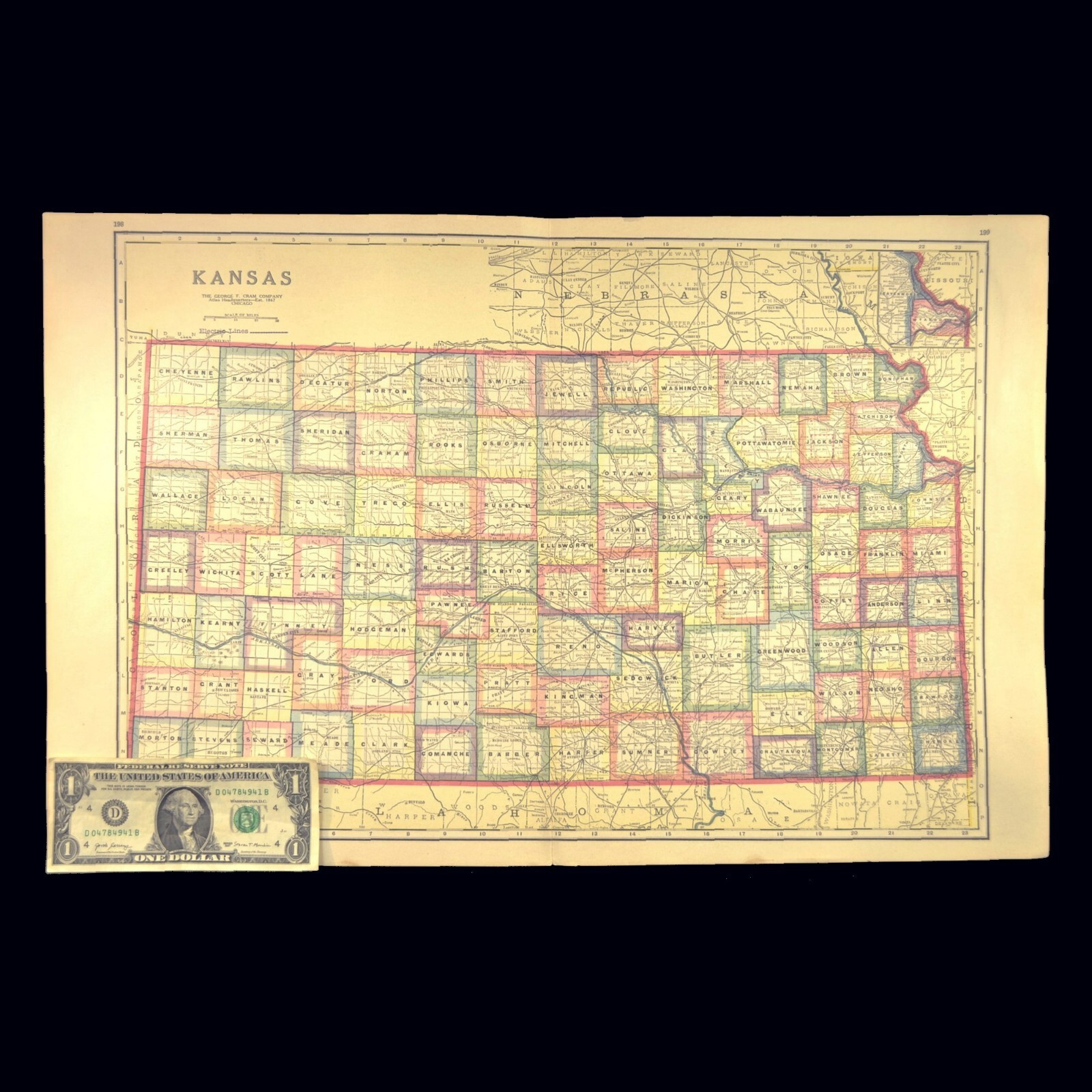 Antique KANSAS Map Railroad LARGE Original AT&SF Missouri Pacific RR MKT