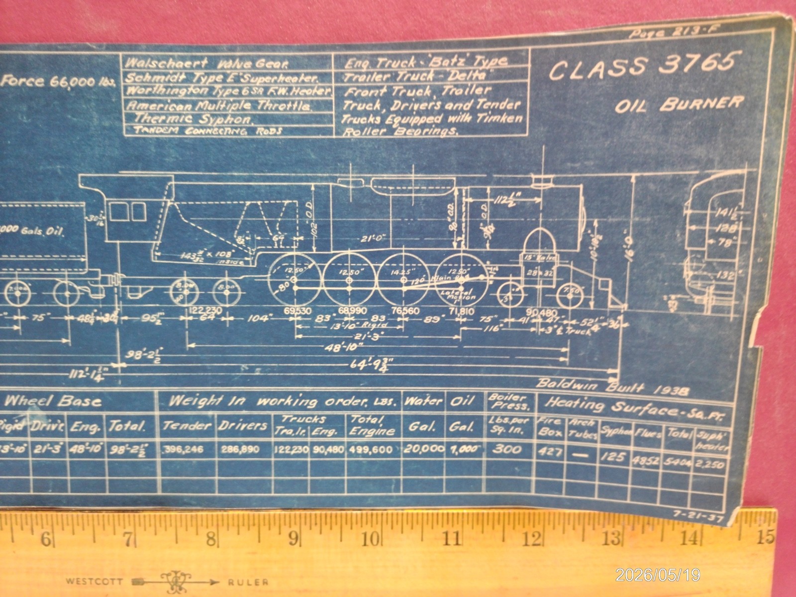 AT&SF RAILROAD ORIG BLUEPRINT DATA DIAGRAM w 2 PHOTOS #3764 4-8-4 LOCOMOTIVE