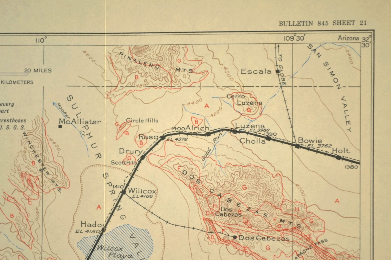 Southern Pacific Railroad Map Douglas Arizona Tombstone Willcox Dragoon Mtns