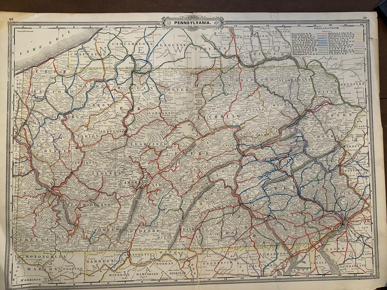 Antique, Original Railroad Map of Pennsylvania , A.A. Grant, 1887