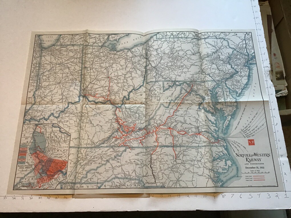 vintage railroad map: 33×22″ NORFOLD & WESTERN Railway dec 31, 1952