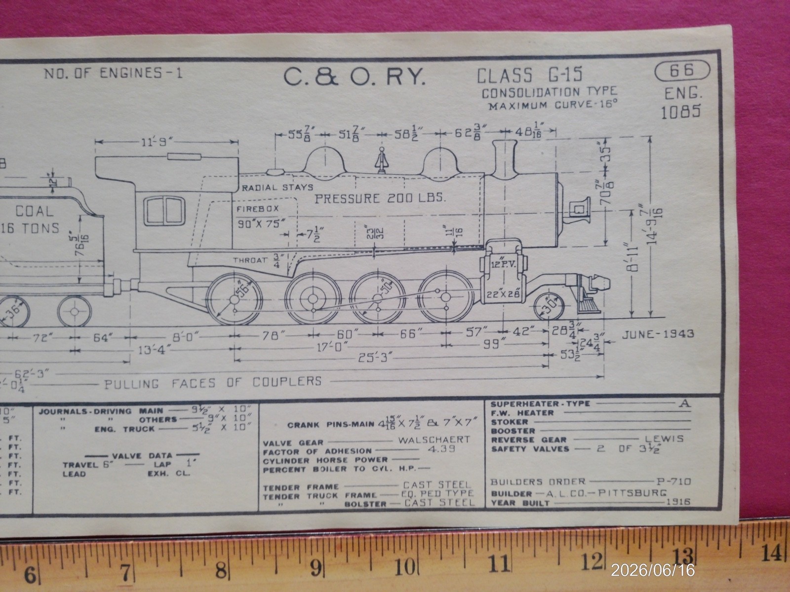 CHESAPEAKE & OHIO RAILROAD ORIG PRINTED DIAGRAM CLASS G-15 LOCOMOTIVE #1085