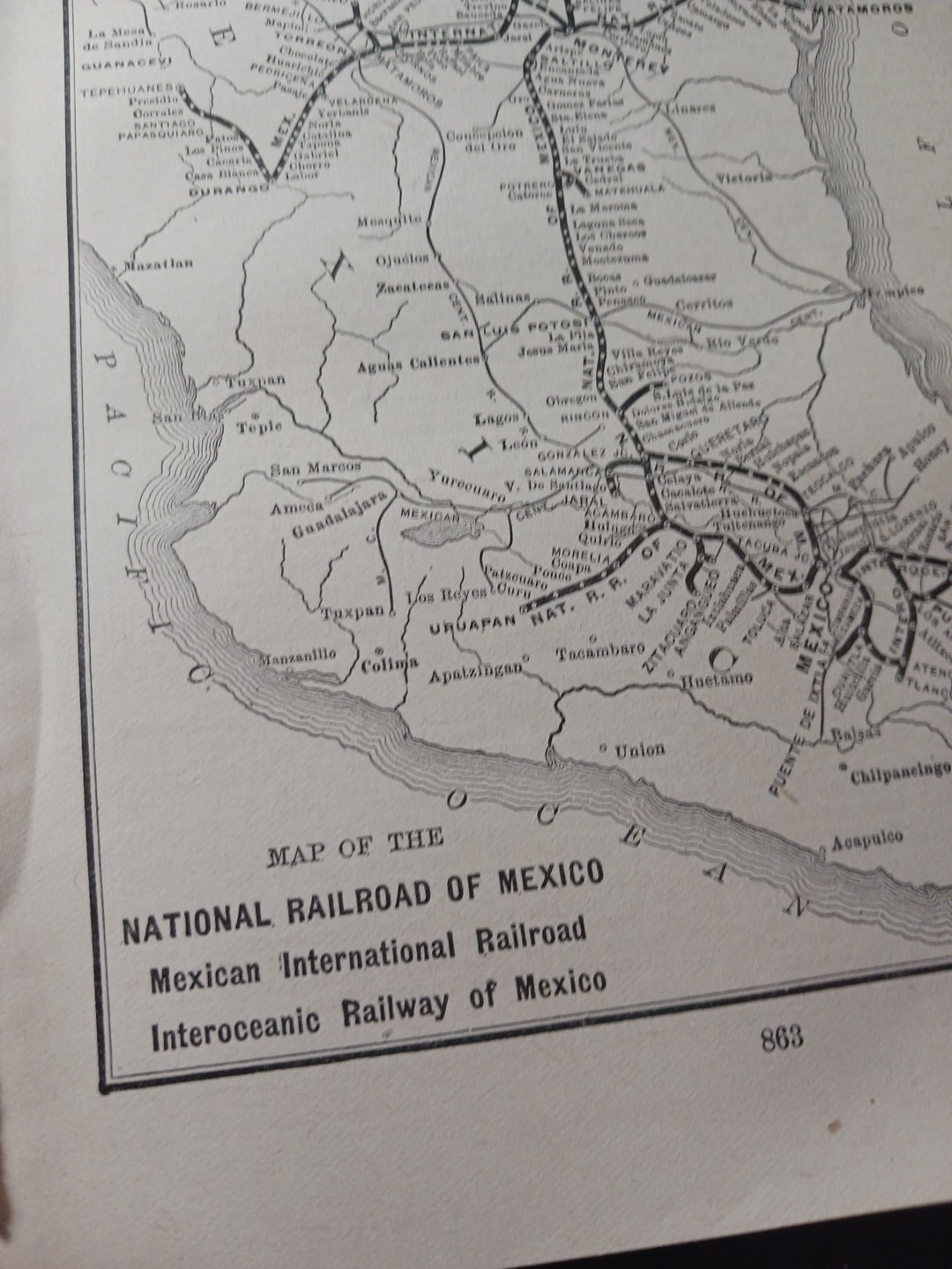 1905 Train Route Map NATIONAL RAILROAD OF MEXICO Mexican International Railway