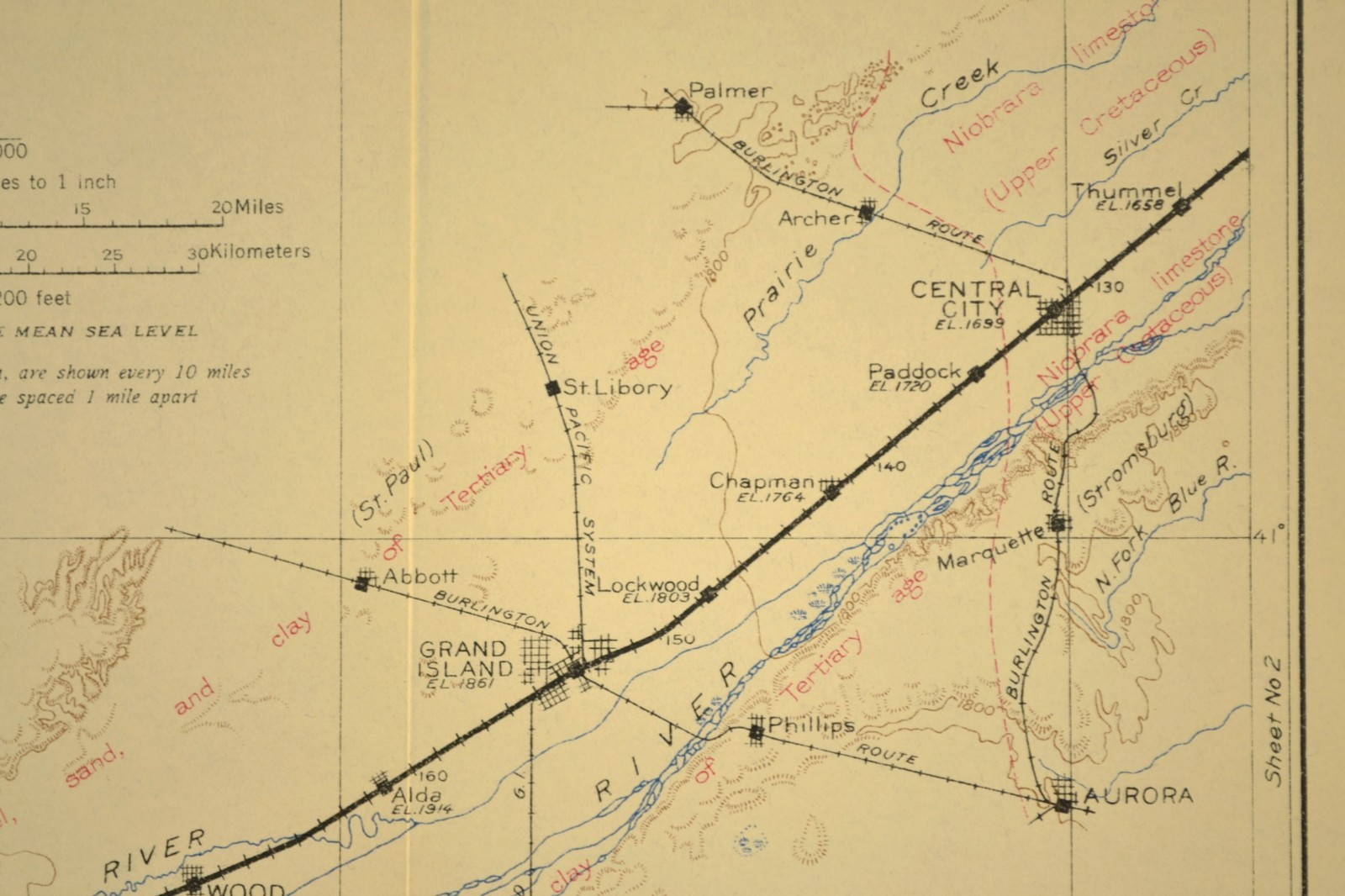 1915 Antique Union Pacific Railroad Map Grand Island NE Aurora Central City