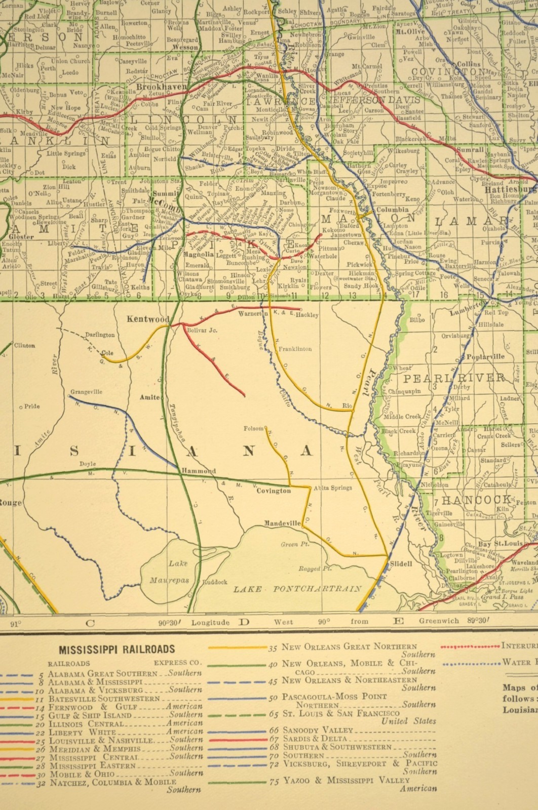 1914 Antique Map of MISSISSIPPI Railroads Map ORIGINAL Atlas Map IC RR DATED