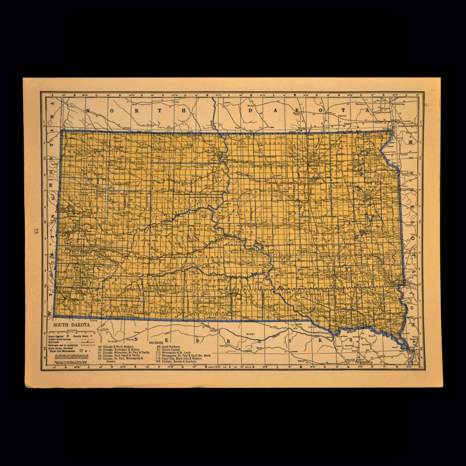 ca1939 SOUTH DAKOTA Railroad Map Depot Towns CNW RR Historic Original Atlas Map