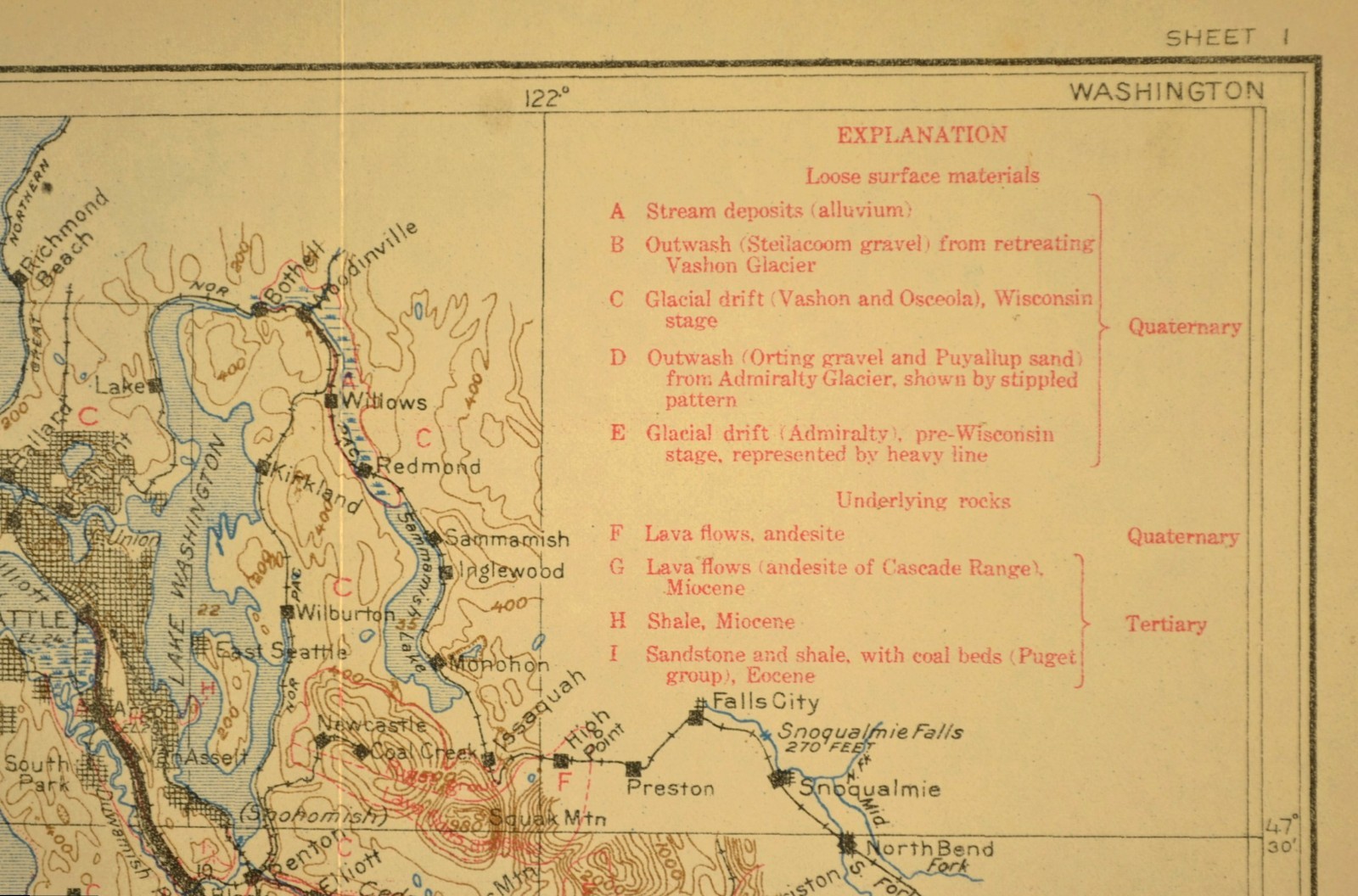 1915 Antique Southern Pacific Railroad Map Seattle Washington Tacoma WA Geologic