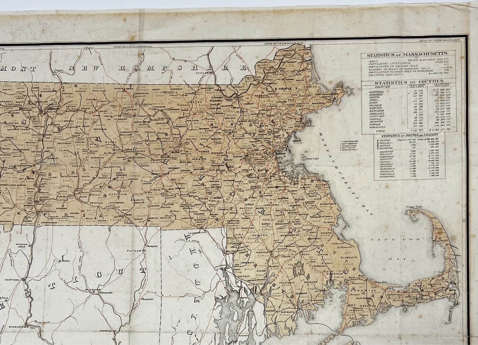 Original 1878 Map of the Railroads of the State of Massachusetts. Big Map