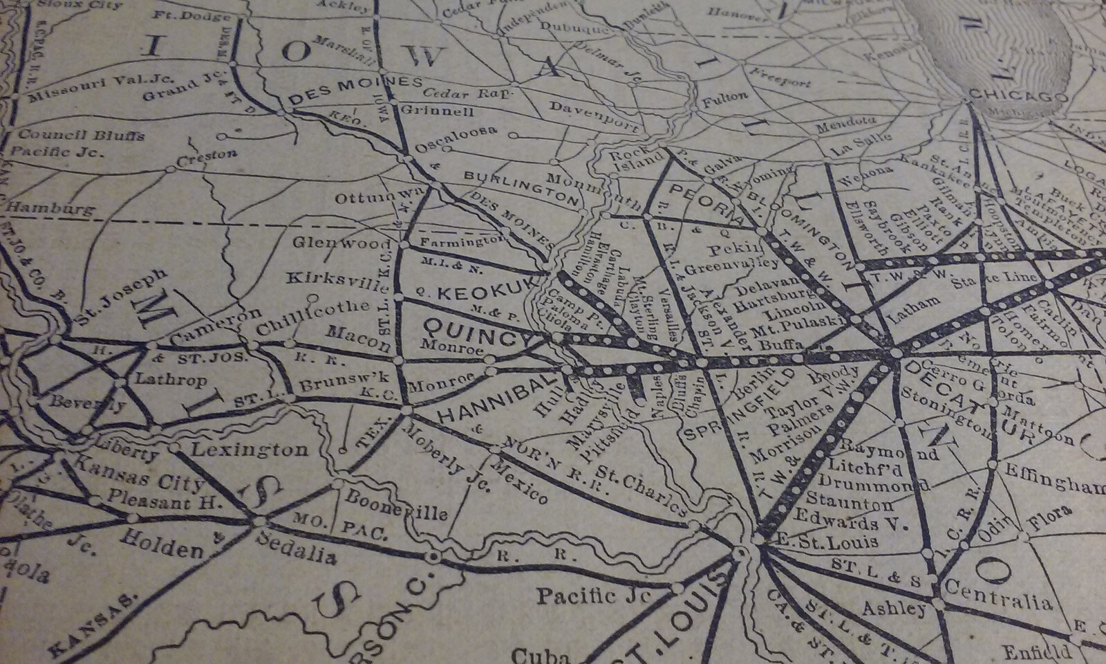 Rare 1876 TOLEDO, WABASH & WESTERN Railway RxR Routes & Connections Print Map