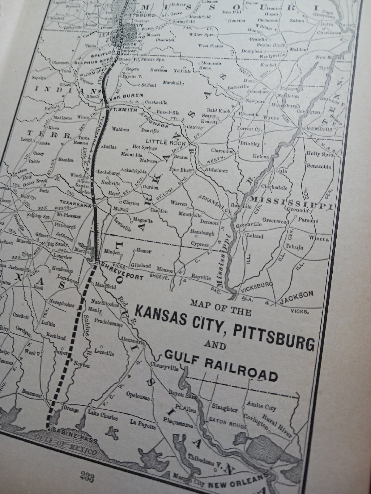☆1895 original train map KANSAS CITY PITTSBURGH & GULF RAILROAD routes stations