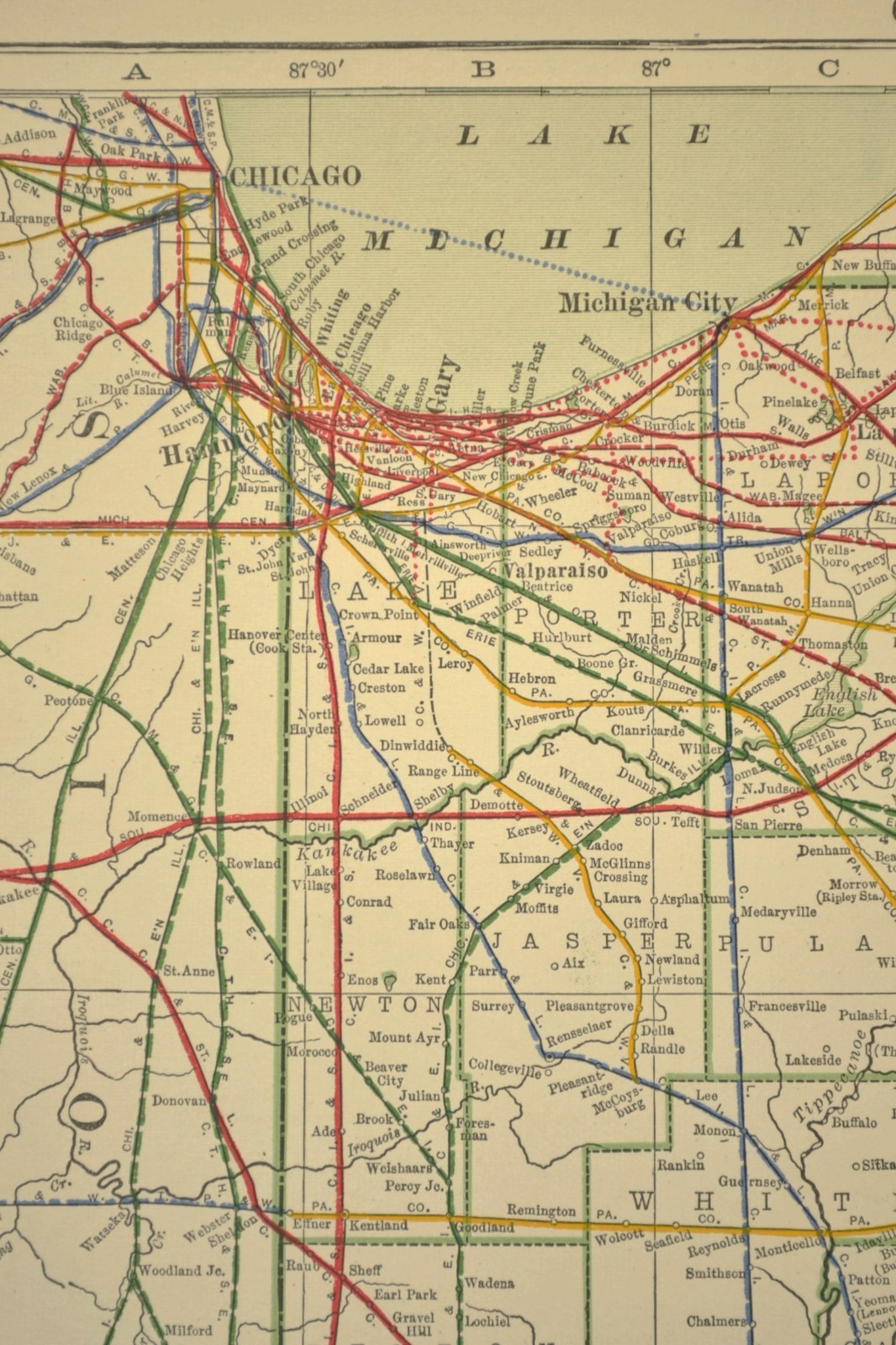 1914 Antique Map of INDIANA Railroads Map ORIGINAL Atlas Map CCC & St L Ry DATED