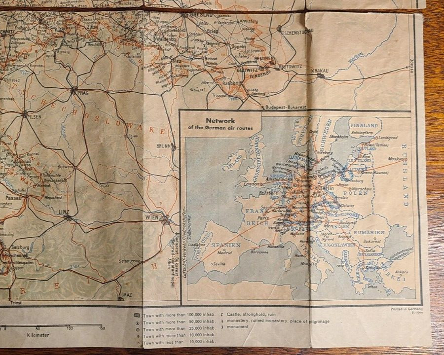 Map of German Railroad and Air Routes – interwar period 1928-38, 16 x 19″