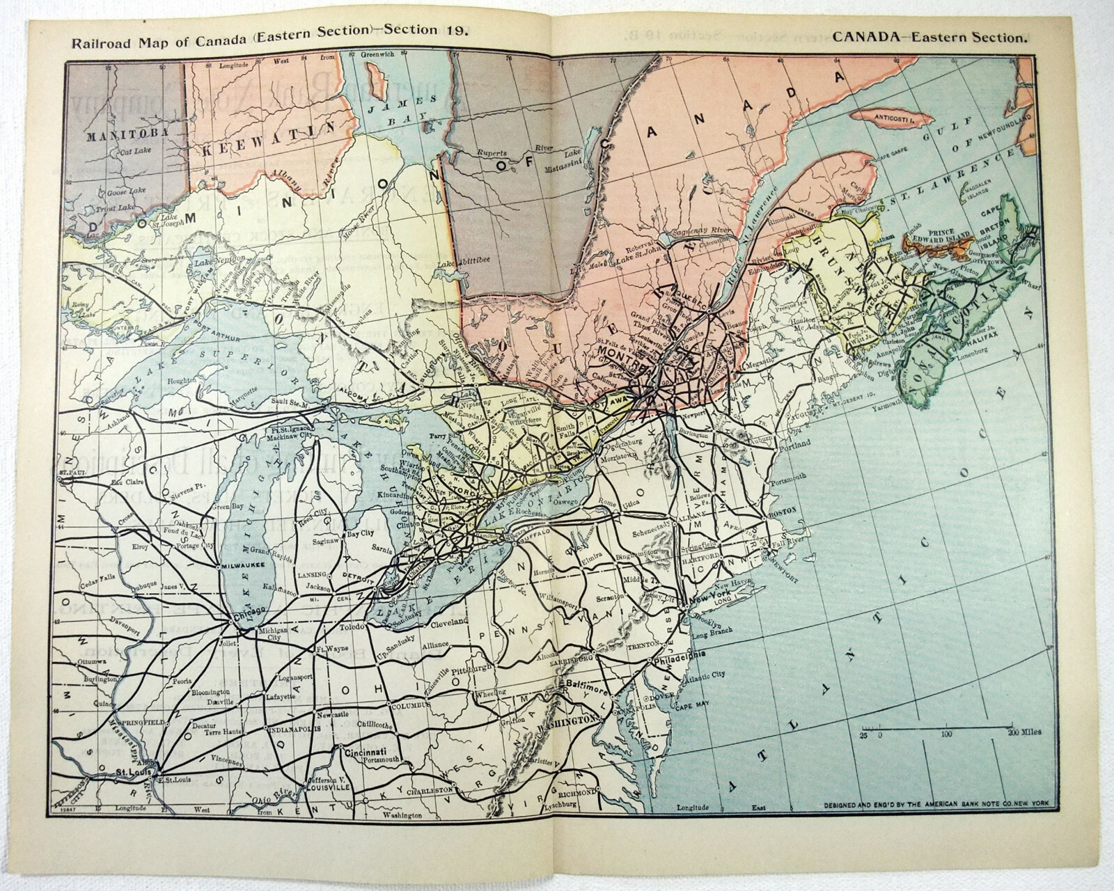 Original 1895 Railroad Map of Eastern Canada. Antique